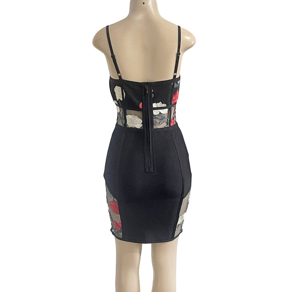 Floral Embroidered Bustier Bodycon Bandage Dress with Sheer Mesh Panels - Size M - Picture 6 of 9